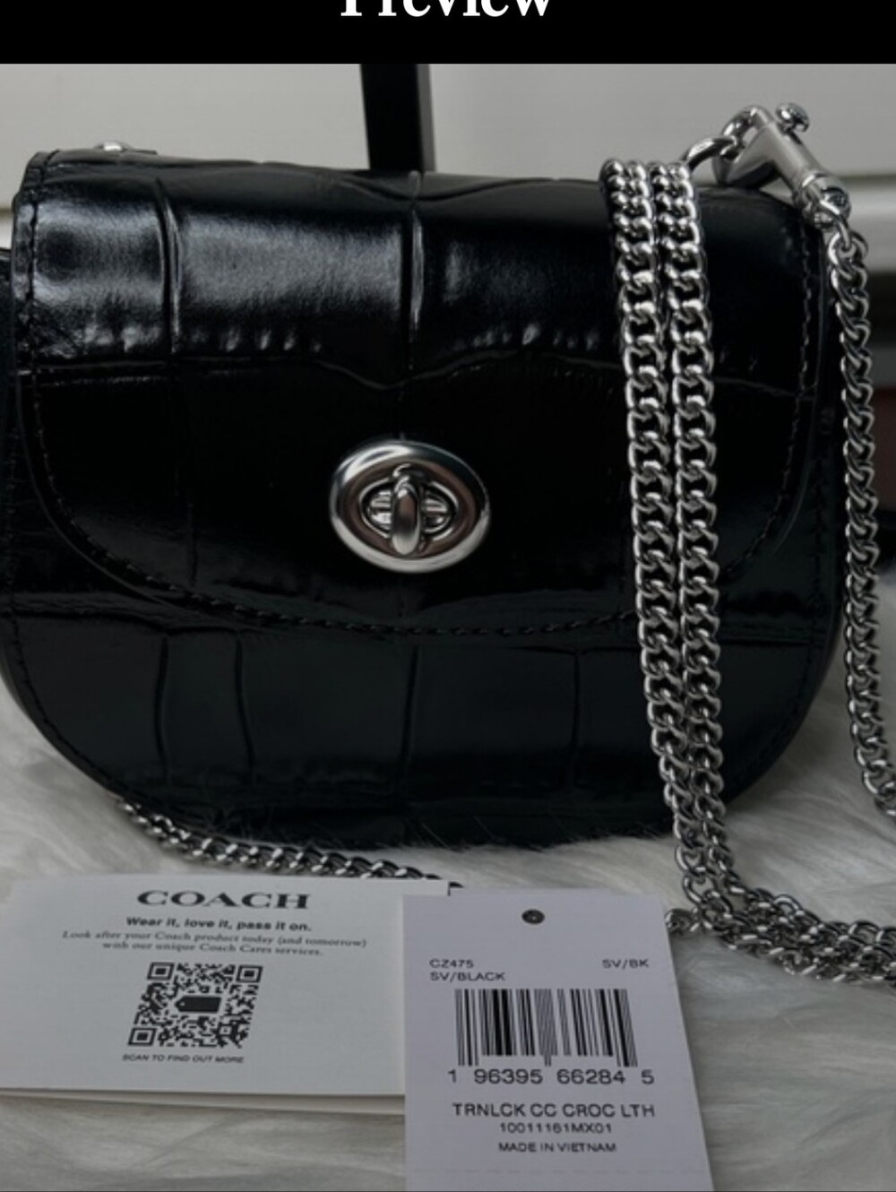 Coach Black Croc-Embossed Mini Crossbody with Silver Chain/Bnwt